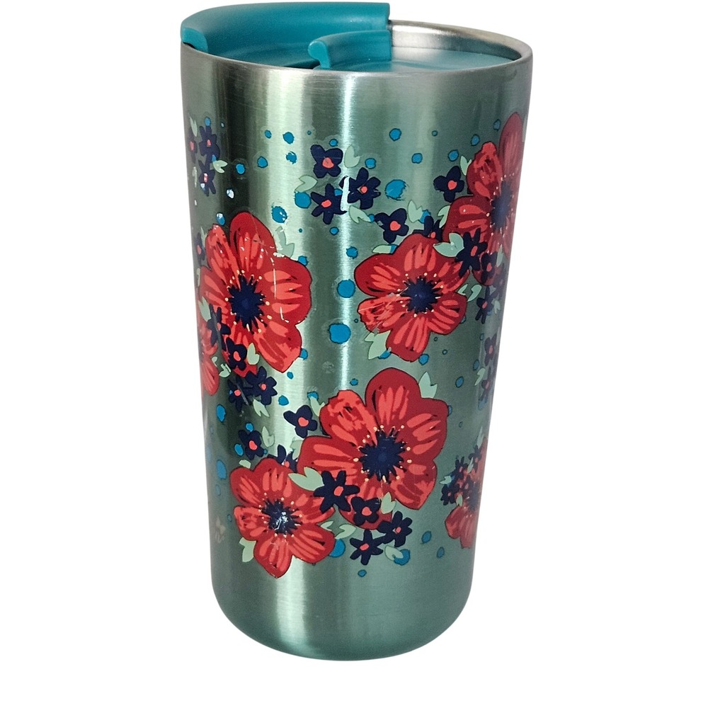 The Pioneer Woman Travel Tumbler Teal Green Red Floral Poppy Stainless Steel
